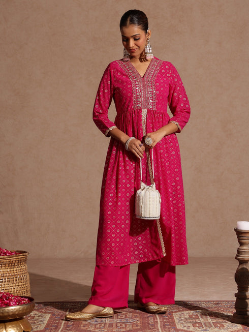 Janasya Women's Pink Georgette Foil Printed Embellished A-line Front-open Kurta With Palazzo Set